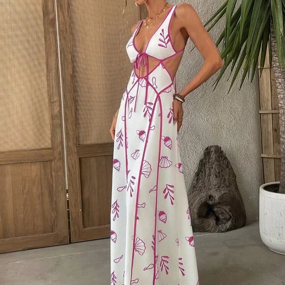 Hot Pink Boho Women's Casual Beach Wedding Party Color Edge Print Dress - Picture 4 of 6